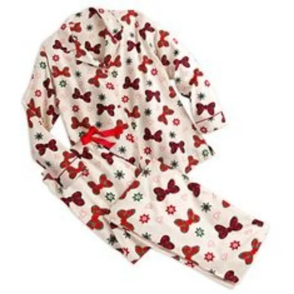 Disney Christmas Minnie MouseCream Pajama Set with Red and Green Bows Medium - Picture 1 of 4